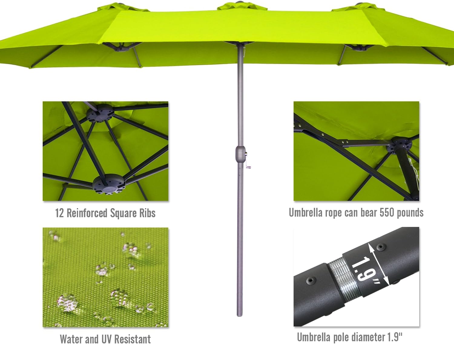 15ft Patio Umbrella with Solar Lights, Large Double Umbrella Outdoor, Rectangle 180''x106'' Umbrellas with 156 PCS LED Lights and Crank Handle for Backyard Deck Pool Shade in Black(1.9