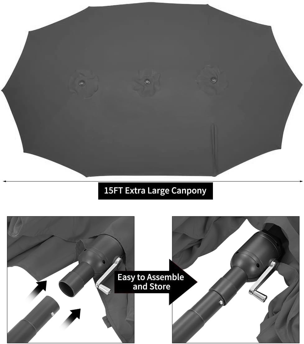 15ft Patio Umbrella with Solar Lights, Large Double Umbrella Outdoor, Rectangle 180''x106'' Umbrellas with 156 PCS LED Lights and Crank Handle for Backyard Deck Pool Shade in Black(1.9