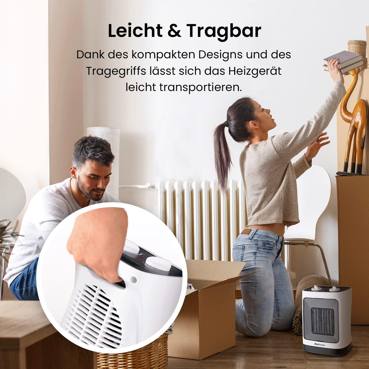 Pro Breeze 2000W Mini Keramik Heizlüfter energiesparend mit automatischer Oszillation, Zwei Leistungsstufen, Kleine Elektroheizung leise für Wohnzimmer, Büro, Terasse - Wei