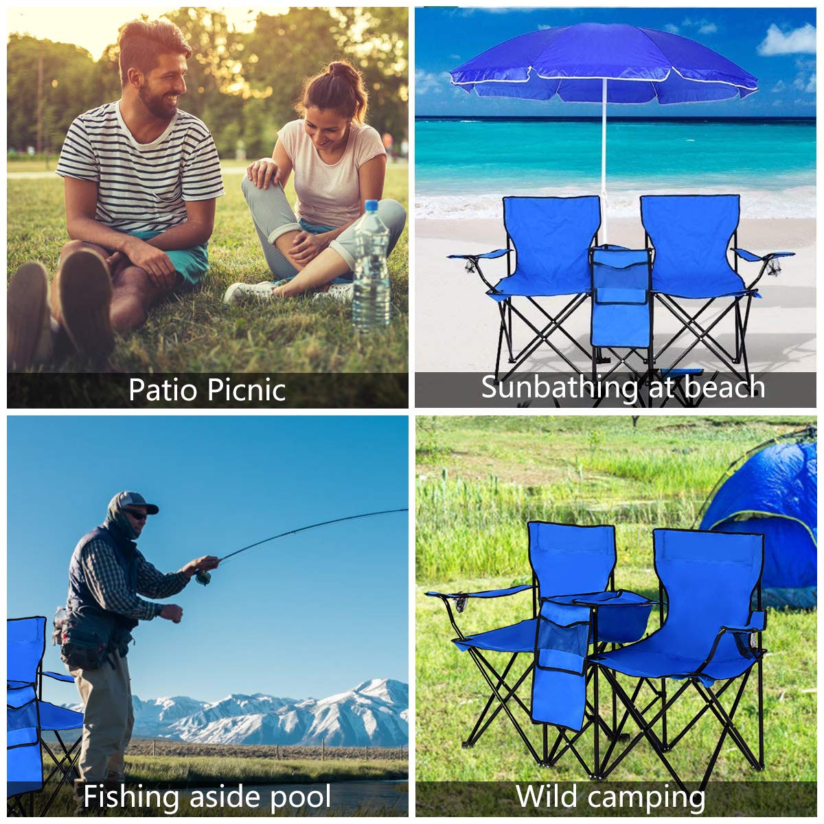 2025 Double Folding Picnic Chairs Umbrella Mini Table Beverage Holder Carrying Bag