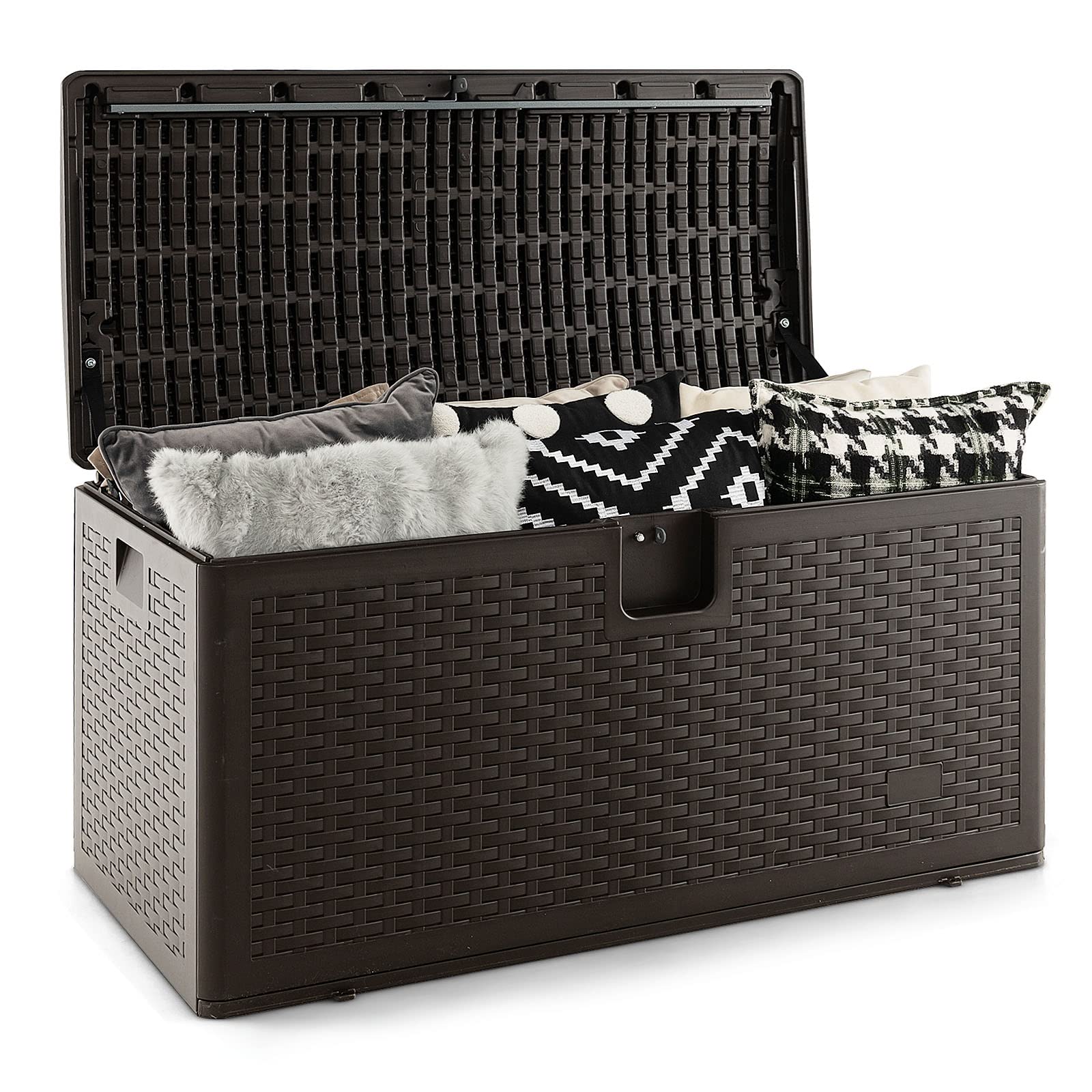 Outdoor Storage Box, 31 73 100 Gallon Waterproof Resin Patio Storage Box with Lockable Lid, Side Handle for Pillows, Cushions
