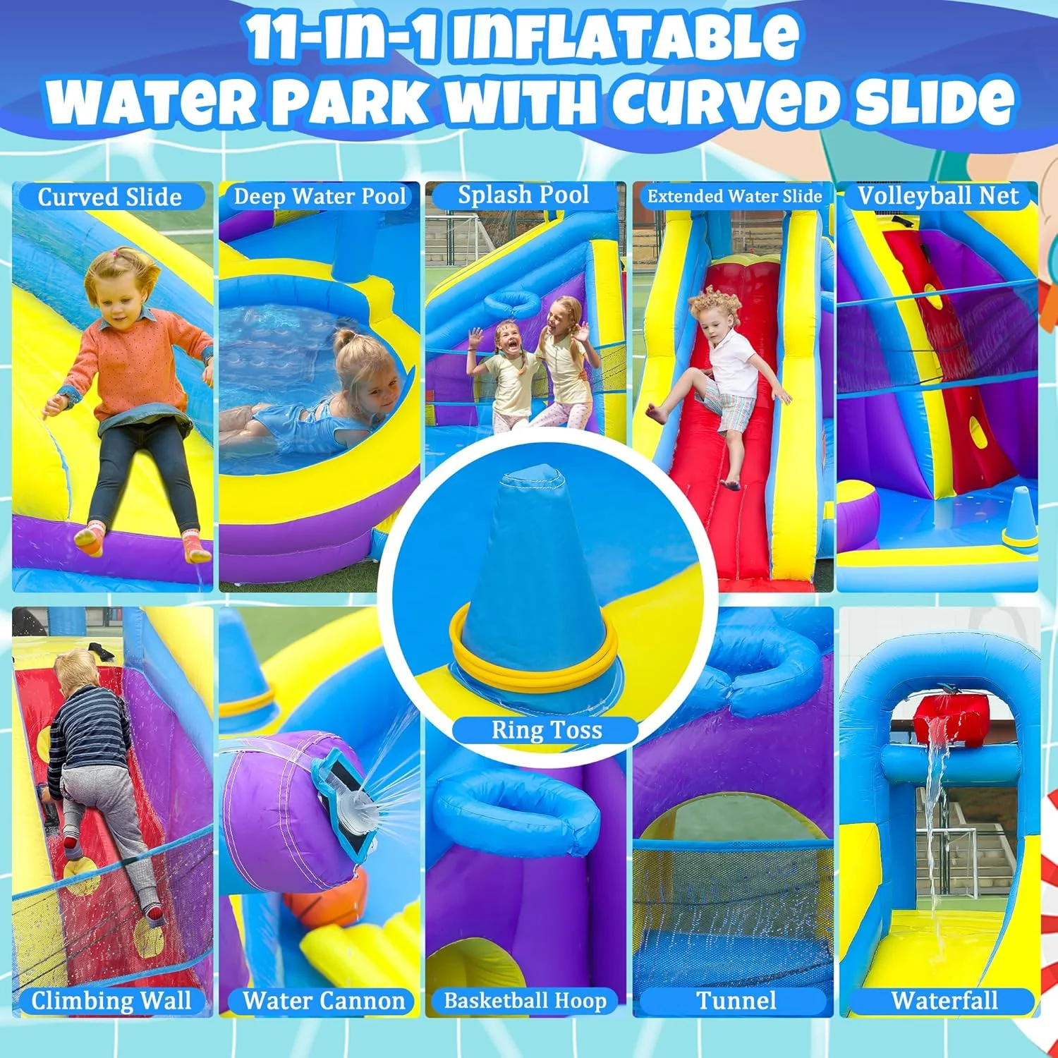 11-in-1 Inflatable Water Slide & Dolphin Bounce House w/2 Long Slides, 19.7 Ft x 13.1 Ft Extra Large Waterslide Climbing Wall w/Small Deeper Pool,Water Cannons,Hoop for Kids Backyard,550W Blower