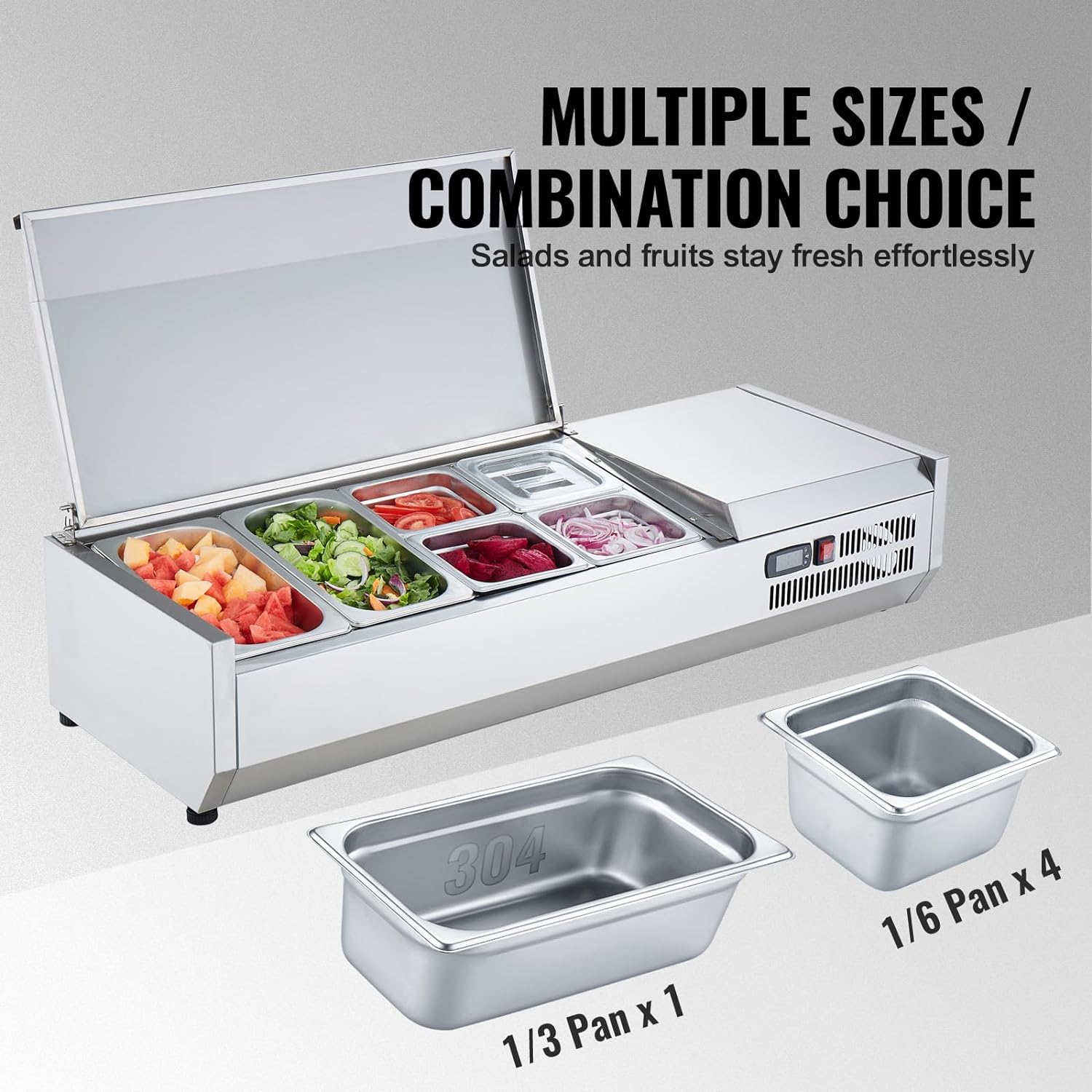 Refrigerated Condiment Prep Station, 135 W Countertop Refrigerated Condiment Station, with 2 1/3 Pans & 4 1/6 Pans, 304 Stainless Body and PC Lid, Sandwich Prep Table with Stainless Guard, ETL