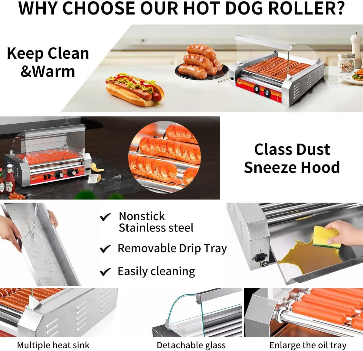 1670W Commercial Hot Dog Rollers,11 Rollers 30 Hotdog Roller Grill,Stainless Steel Hot Dog Machine With Dust Cover,Hot Dog Roller Machine With Dual Temp Control And Led Light/Detachable Drip Tray