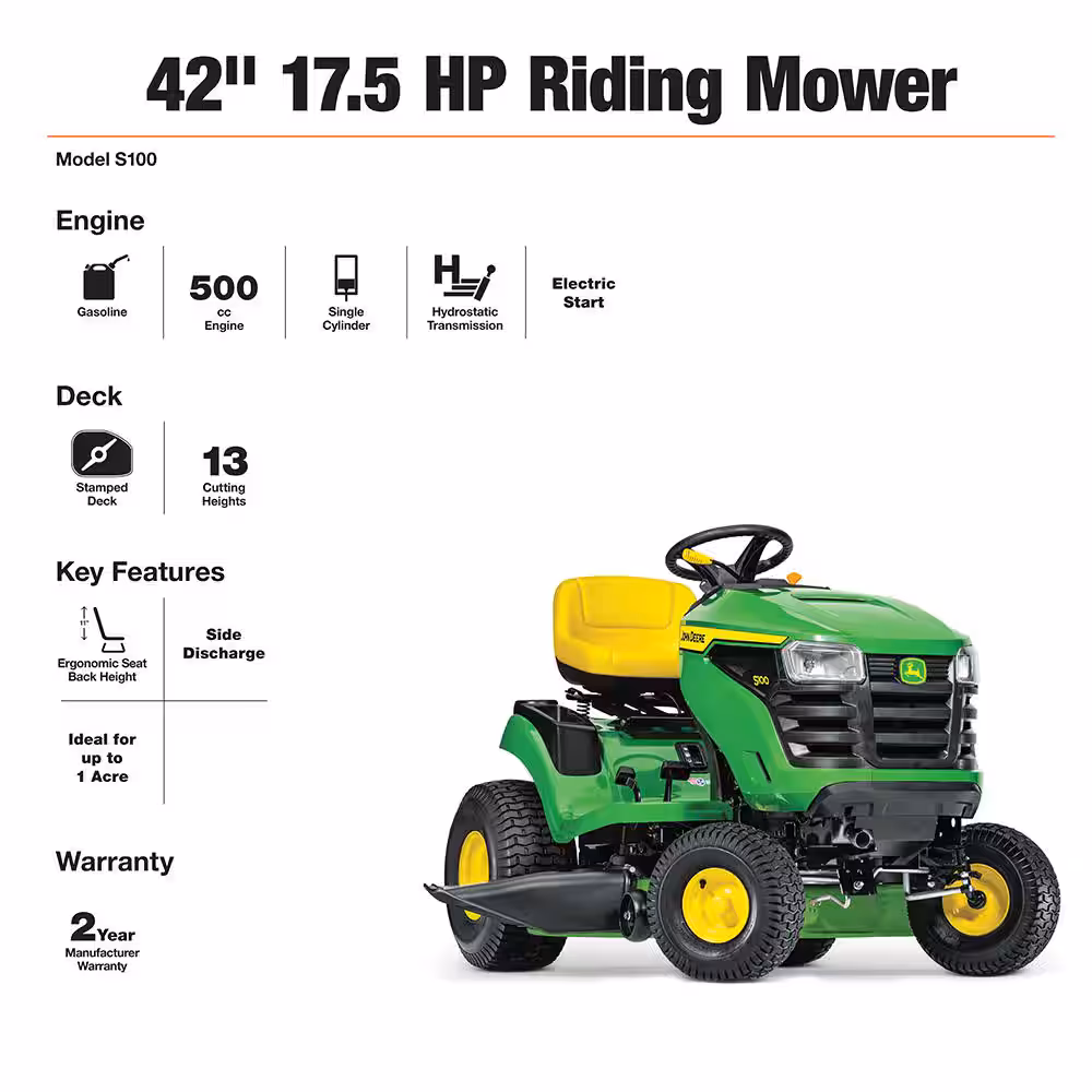 John Deere S100 42-in Riding Lawn Mower – 17.5-HP Gas Hydrostatic Drive