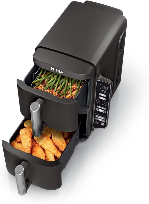 8-liter double-layer double-basket design, saving space, capable of meeting the food consumption needs of 6 people. Multi-functional air fryer, featuring various functions such as baking and drying, easy to clean, and components can be washed in the