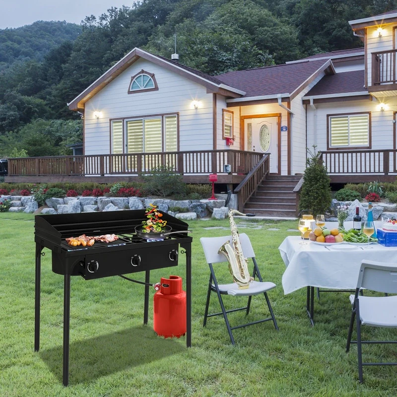 Outdoor Camping 3-Burner Stove High Pressure Propane Gas Cooker with Windscreen - N/A