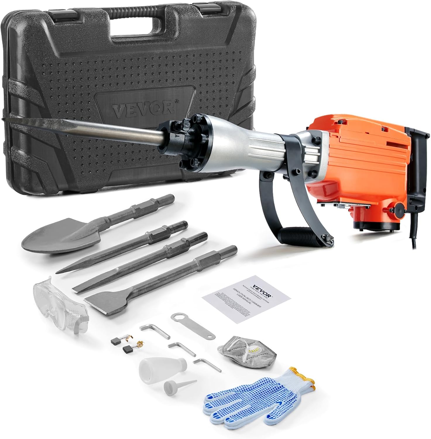 Demolition Jack Hammer, 1350 BPM Concrete Breaker 6pcs Chisels Bit Chipping with Case, 2200W Electric Jackhammer Heavy Duty, Black