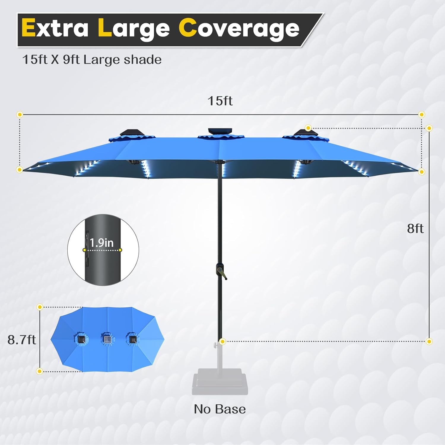 15ft Patio Umbrella with Solar Lights, Large Double Umbrella Outdoor, Rectangle 180''x106'' Umbrellas with 156 PCS LED Lights and Crank Handle for Backyard Deck Pool Shade in Black(1.9