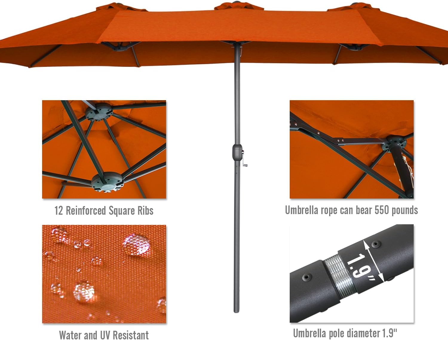 15ft Patio Umbrella with Solar Lights, Large Double Umbrella Outdoor, Rectangle 180''x106'' Umbrellas with 156 PCS LED Lights and Crank Handle for Backyard Deck Pool Shade in Black(1.9