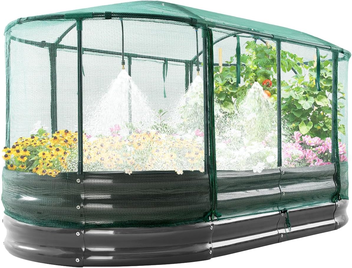 Garden Bed Kit with Self Watering System and Mesh Cover, Large Oval Metal Outdoor Planter Garden Boxes for Vegetables Herbs Flowers, 6x3x1Ft