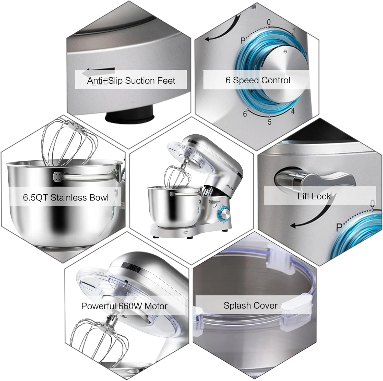 Aucma Stand Mixer,6.5-QT 660W 6-Speed Tilt-Head Food Mixer, Kitchen Electric Mixer with Dough Hook