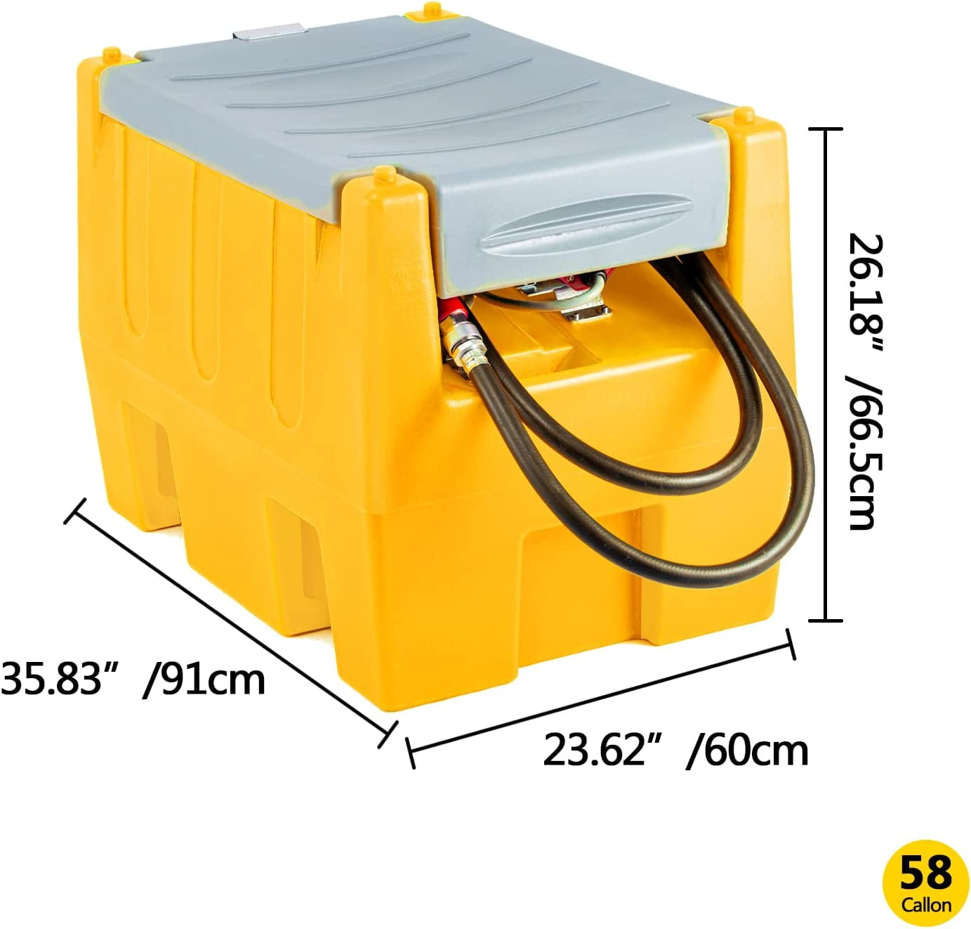 TECSPACE 58 Gallon Gasoline Tank, Portable Fuel Tank with 12V Electric Fuel Transfer Pump, 40 GPM Gasoline Fuel Tank with 4 Meters Hose for Gasoline Transportation (Yellow, 58 gal)