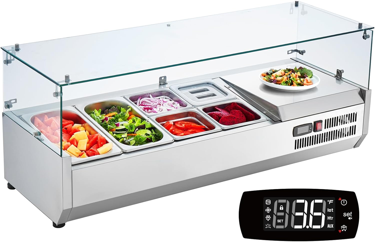 Refrigerated Condiment Prep Station, 135 W Countertop Refrigerated Condiment Station, with 2 1/3 Pans & 4 1/6 Pans, 304 Stainless Body and PC Lid, Sandwich Prep Table with Stainless Guard, ETL