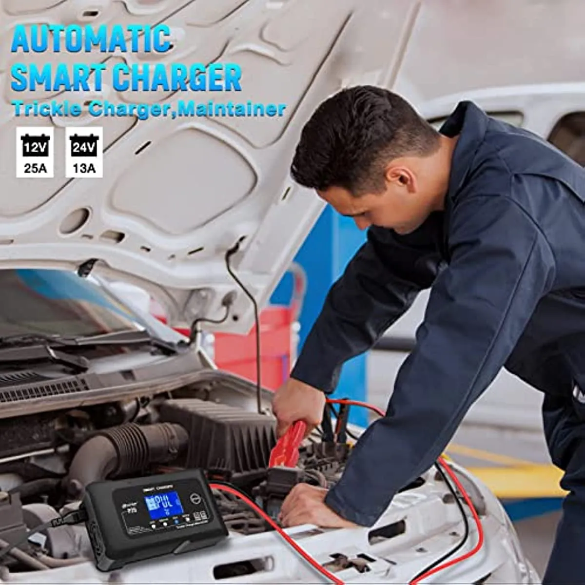 25-Amp Smart Battery Charger,Lithium,LiFePO4,Lead-Acid AGM/Gel/SLA.. Car Battery Charger,Trickle Charger, Maintainer/deep Cycle Charger,12V/25A and 24V/13A,for Motorcy,Boat,Lawn Mower,Golf cart..