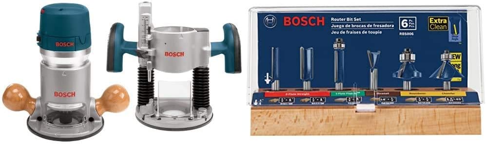 BOSCH 1617EVSPK Wood 12 Amp Router Tool Combo Kit – 2.25 Horsepower Plunge Router & Fixed Base with a Variable Speed