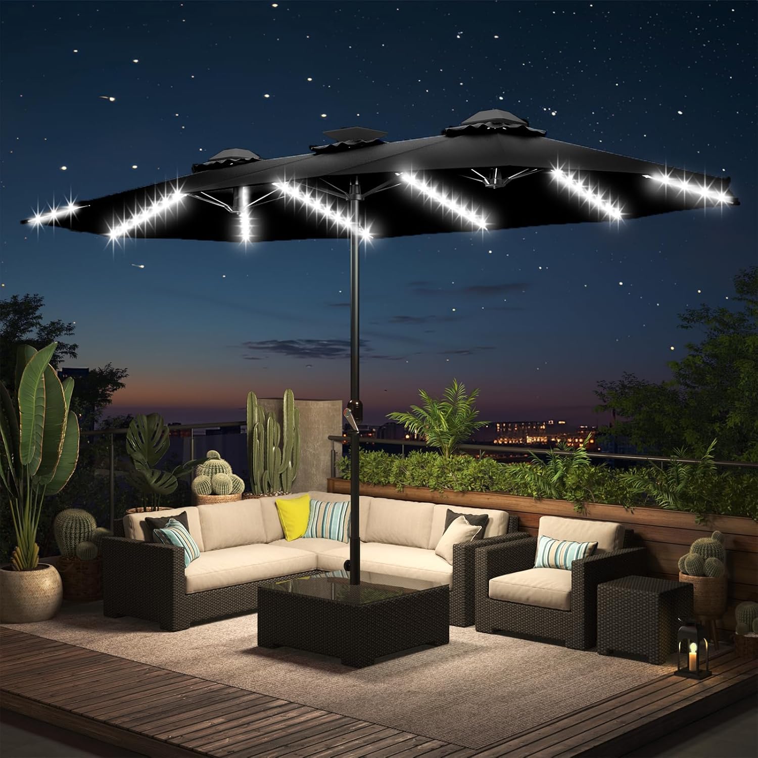 15ft Patio Umbrella with Solar Lights, Large Double Umbrella Outdoor, Rectangle 180''x106'' Umbrellas with 156 PCS LED Lights and Crank Handle for Backyard Deck Pool Shade in Black(1.9