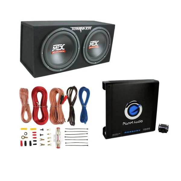 12 1200W Dual Loaded Car Subwoofers + Box + 1500W Amp + Kit