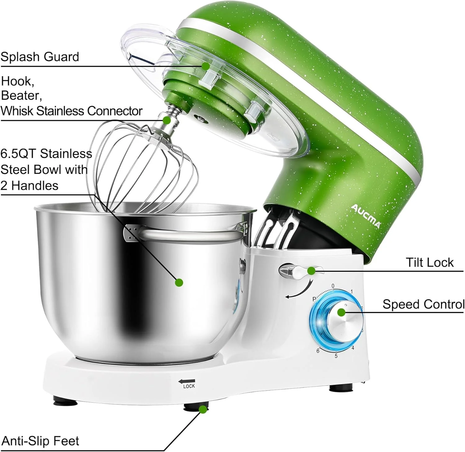 Aucma Stand Mixer,6.5-QT 660W 6-Speed Tilt-Head Food Mixer, Kitchen Electric Mixer with Dough Hook