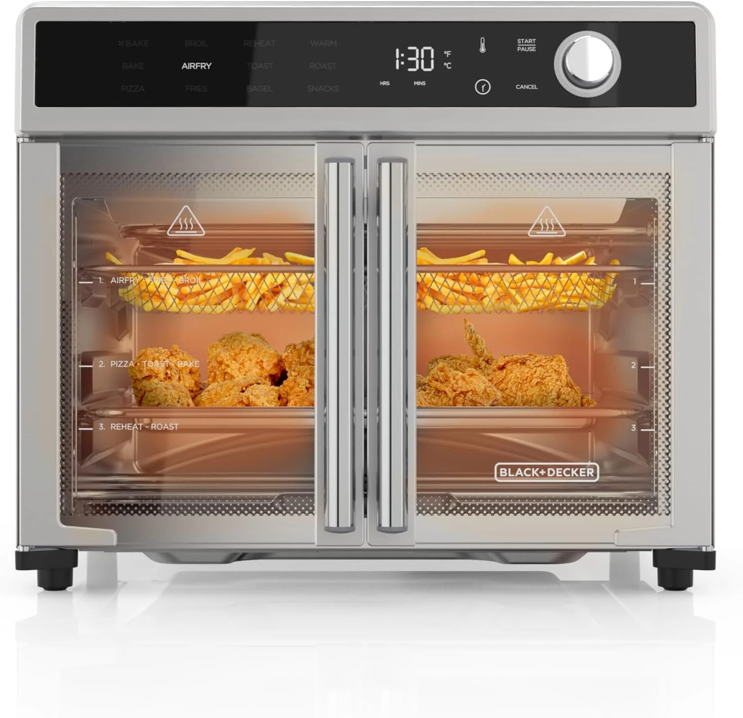 Fryer Toaster Oven Combo, 12 in 1 Countertop Convection Oven Cooks Food Fast, Fits a Whole Pizza or 6 Toast Slices, French Doors with Stainless Steel Finish