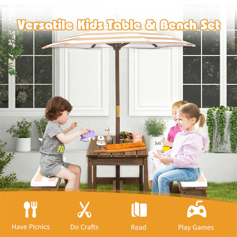 2025 Wooden Kids Picnic Table Bench Set Children Outdoor Activity Table with Cushions & Height Adjustable Umbrella