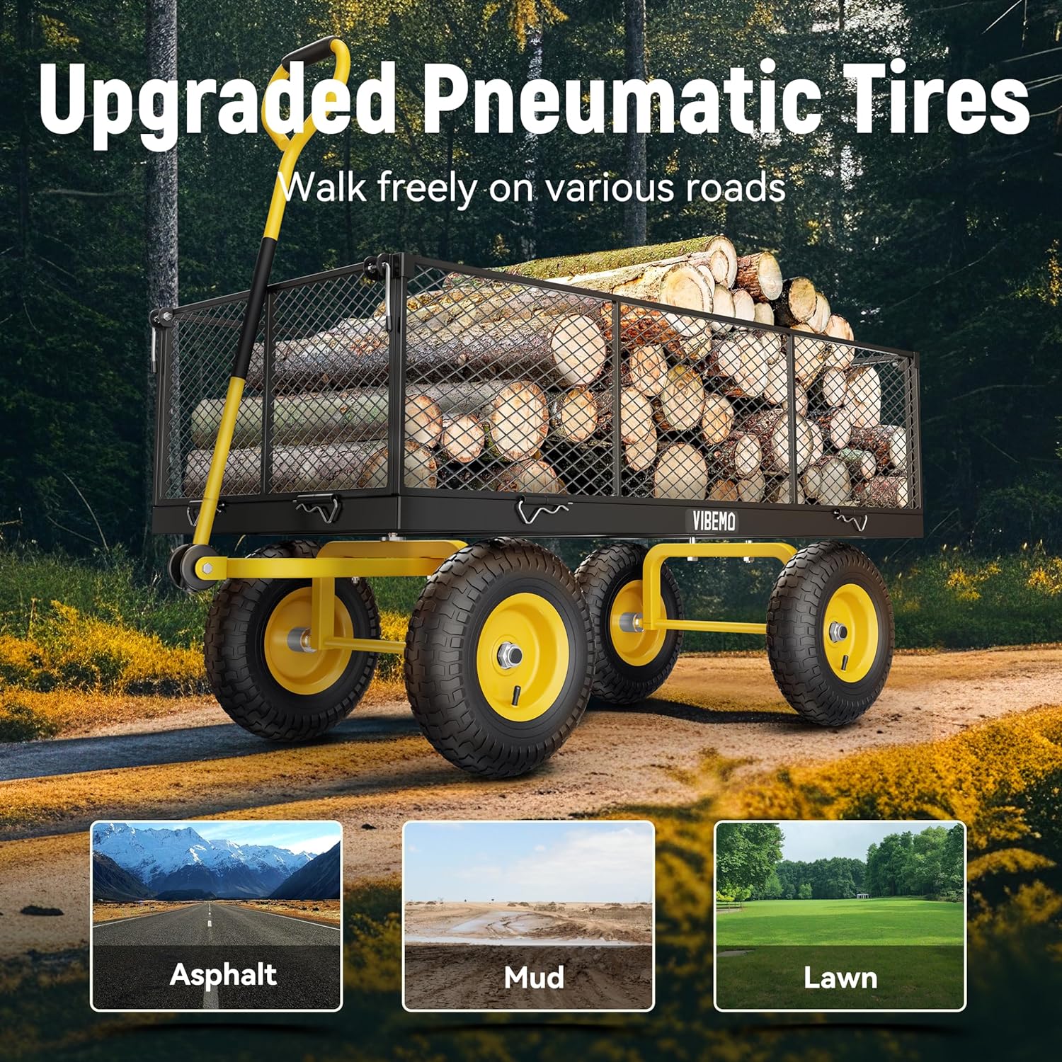 2025 Steel Garden Cart, 2-in-1 1400 lbs Heavy Duty Utility Wagon, with Removable Mesh Sides to Convert into Flatbed, 240° U-Turn 13" Pneumatic Tires Garden Wagon for Farm Yard Lawn Garden Camping