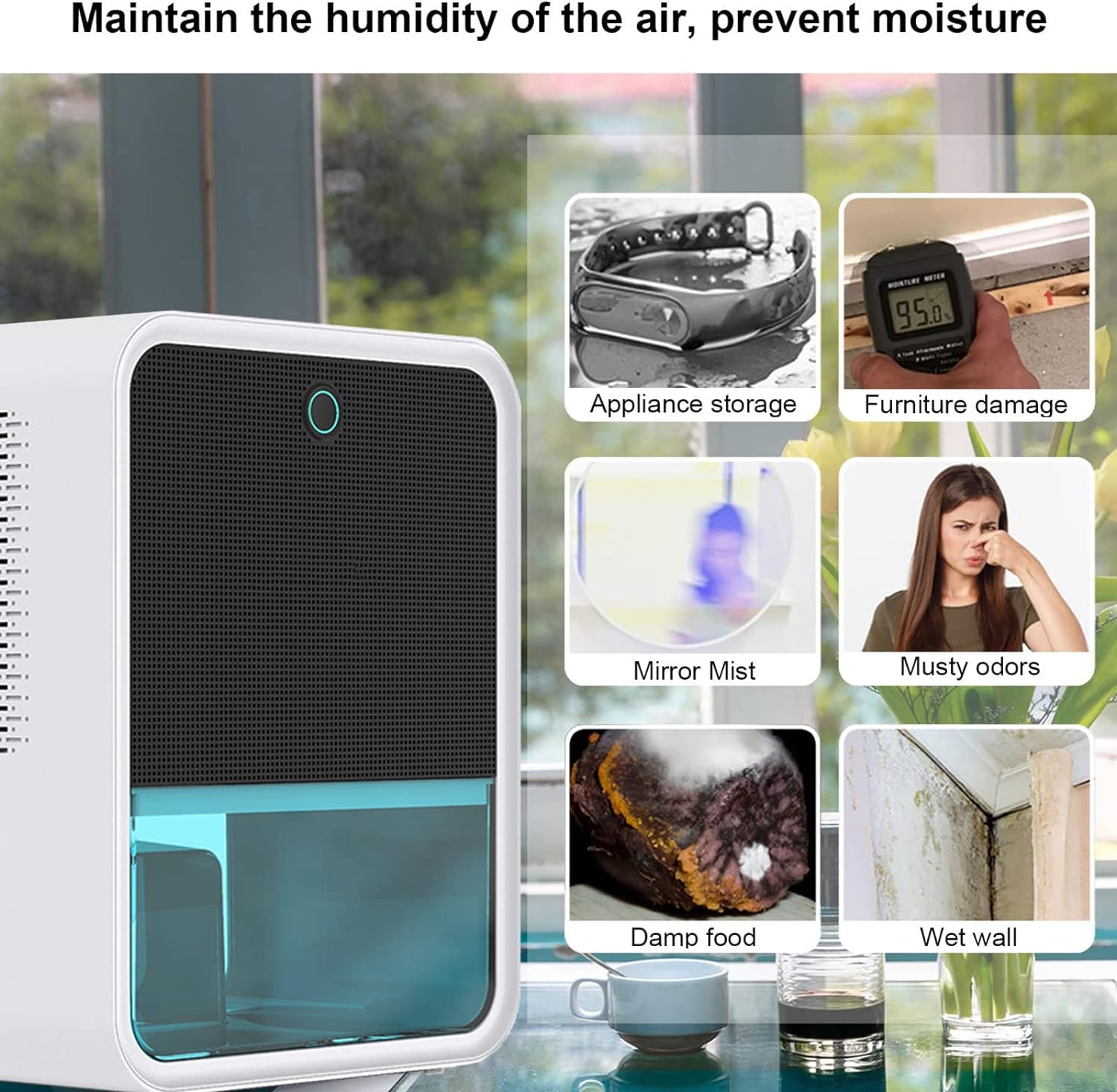 Bedroom Dehumidifier 2.2L Water Tank with Hygrometer RGB LED Light