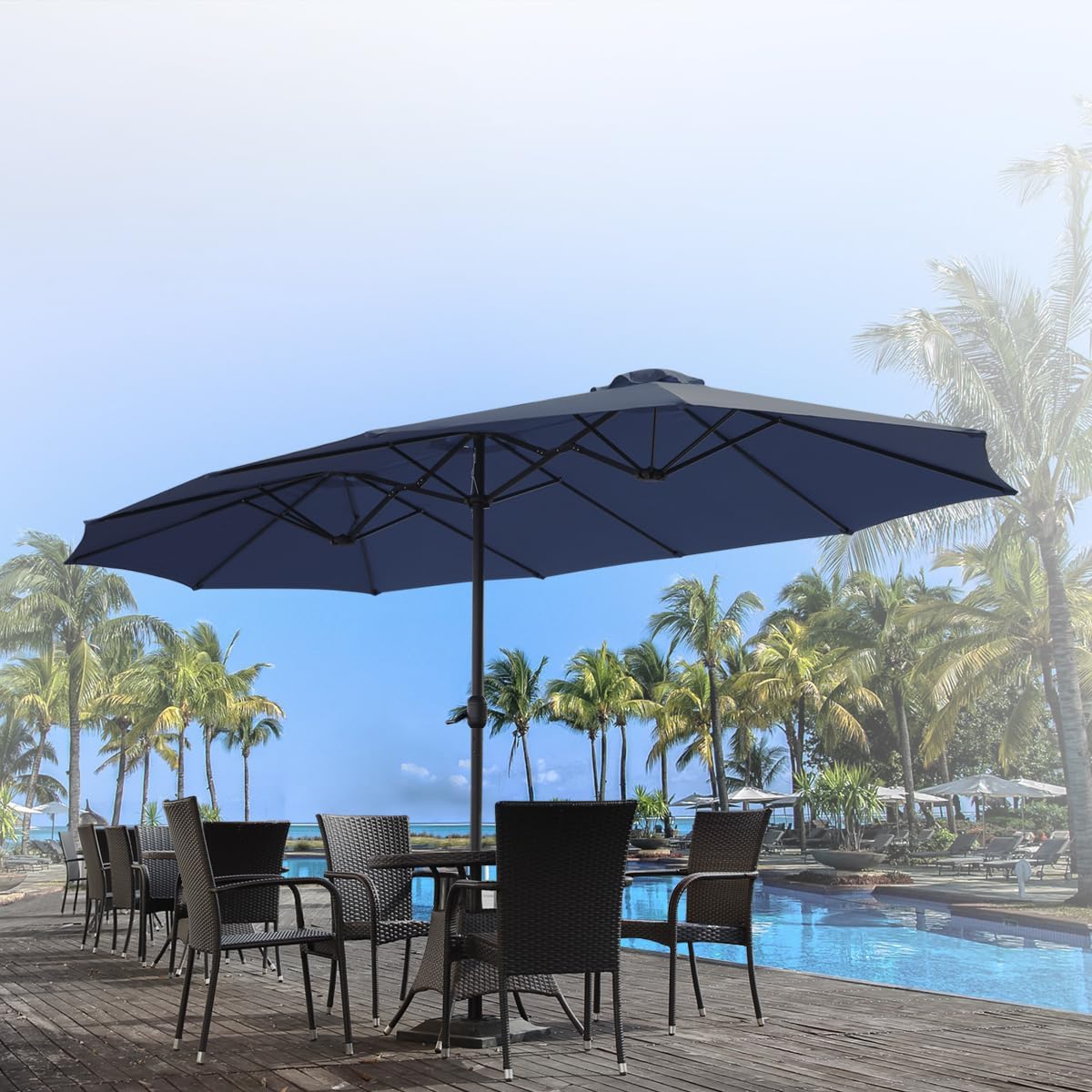 15ft Patio Umbrella with Solar Lights, Large Double Umbrella Outdoor, Rectangle 180''x106'' Umbrellas with 156 PCS LED Lights and Crank Handle for Backyard Deck Pool Shade in Black(1.9