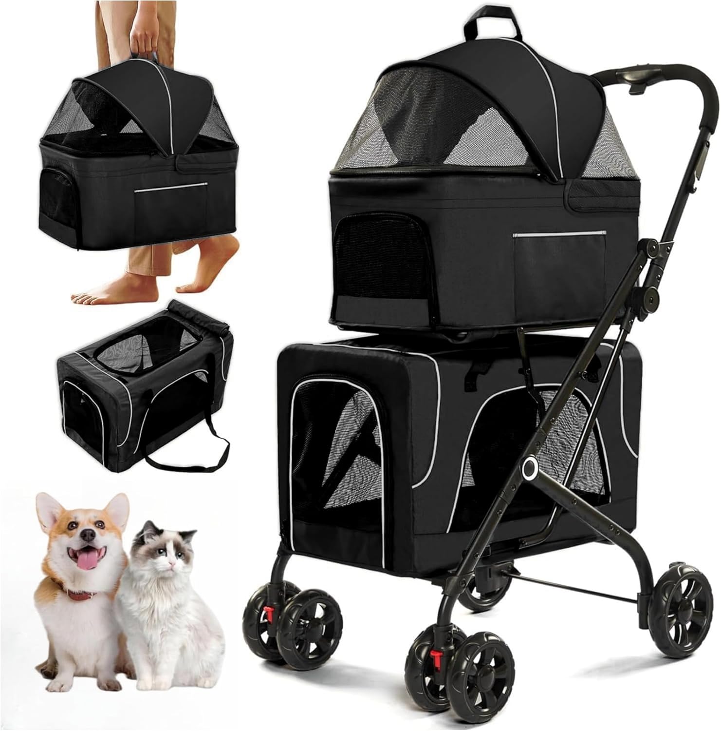 Double Dog Stroller for 2 Dogs, Detachable Carriers, Safety Belt, Lockable Wheels, Pet Travel Carrier Strolling Cart, Folding Cat Stroller for Small Medium Pets Dogs (Blue)