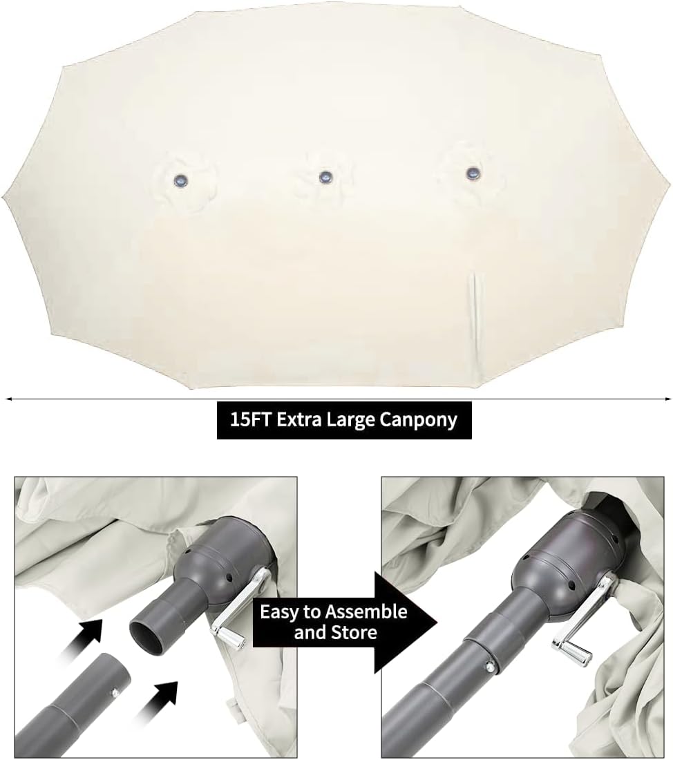 15ft Patio Umbrella with Solar Lights, Large Double Umbrella Outdoor, Rectangle 180''x106'' Umbrellas with 156 PCS LED Lights and Crank Handle for Backyard Deck Pool Shade in Black(1.9