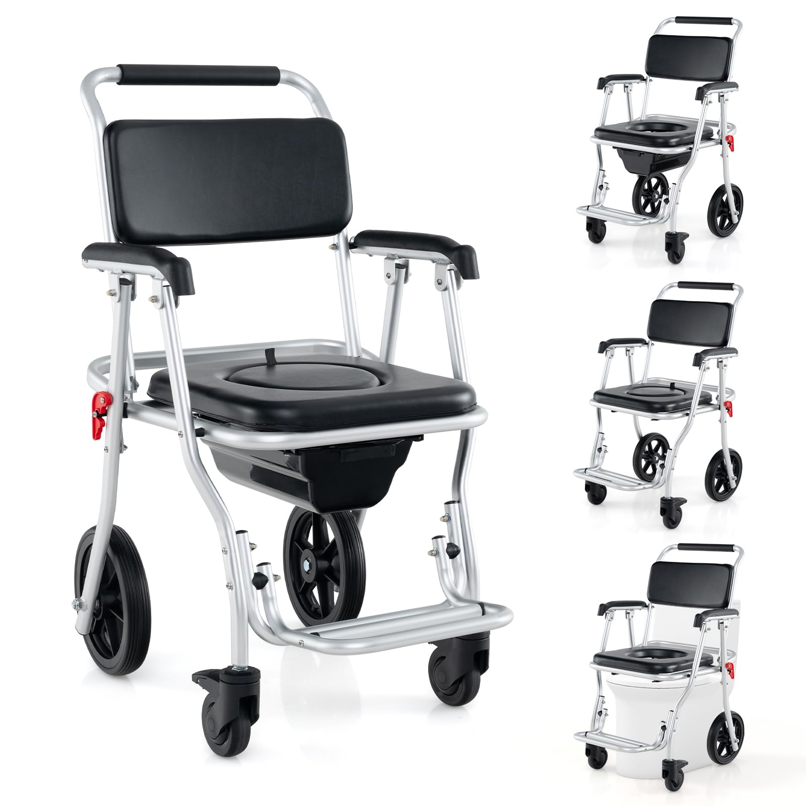 4 in 1 Shower Commode Wheelchair, 330lbs Foldable Bedside Commode Chair for Toilet with Arms