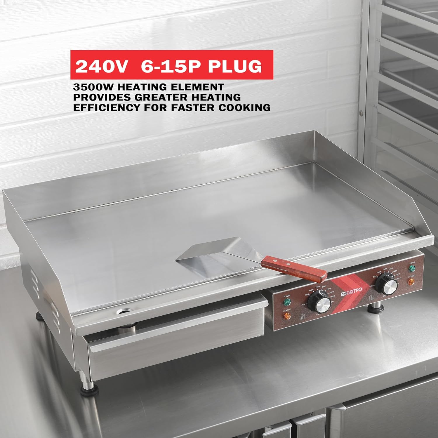 14 Inch Electric Griddle, Non-Stick Flat Top Grill Commercial Electric Countertop Griddles Stainless Steel Adjustable Temperature Control 90°F-575°F for Home or Restaurant Use