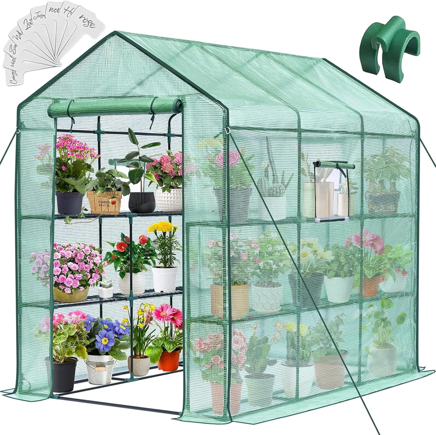 Greenhouse, 57 x 85 x 76'' Greenhouses for Outdoors, Portable Greenhouse Kit with Mesh Side Windows, PE Cover, 8 Shelves, Heavy Duty Walk in Green House for Backyard Garden Indoor Outside