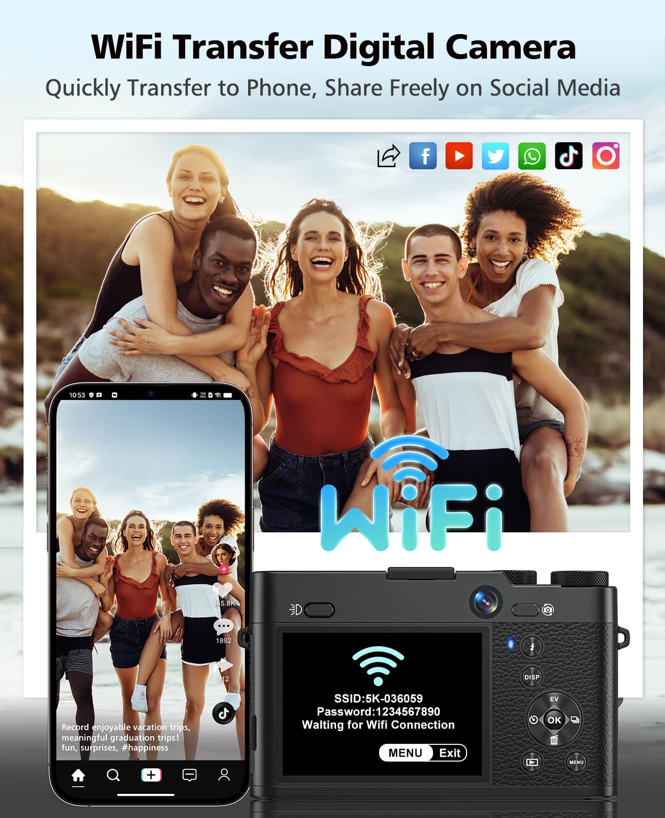 ToAuite Digital Camera, 6X Optical Zoom & WiFi, 5K 30FPS 64MP Vlogging Camera