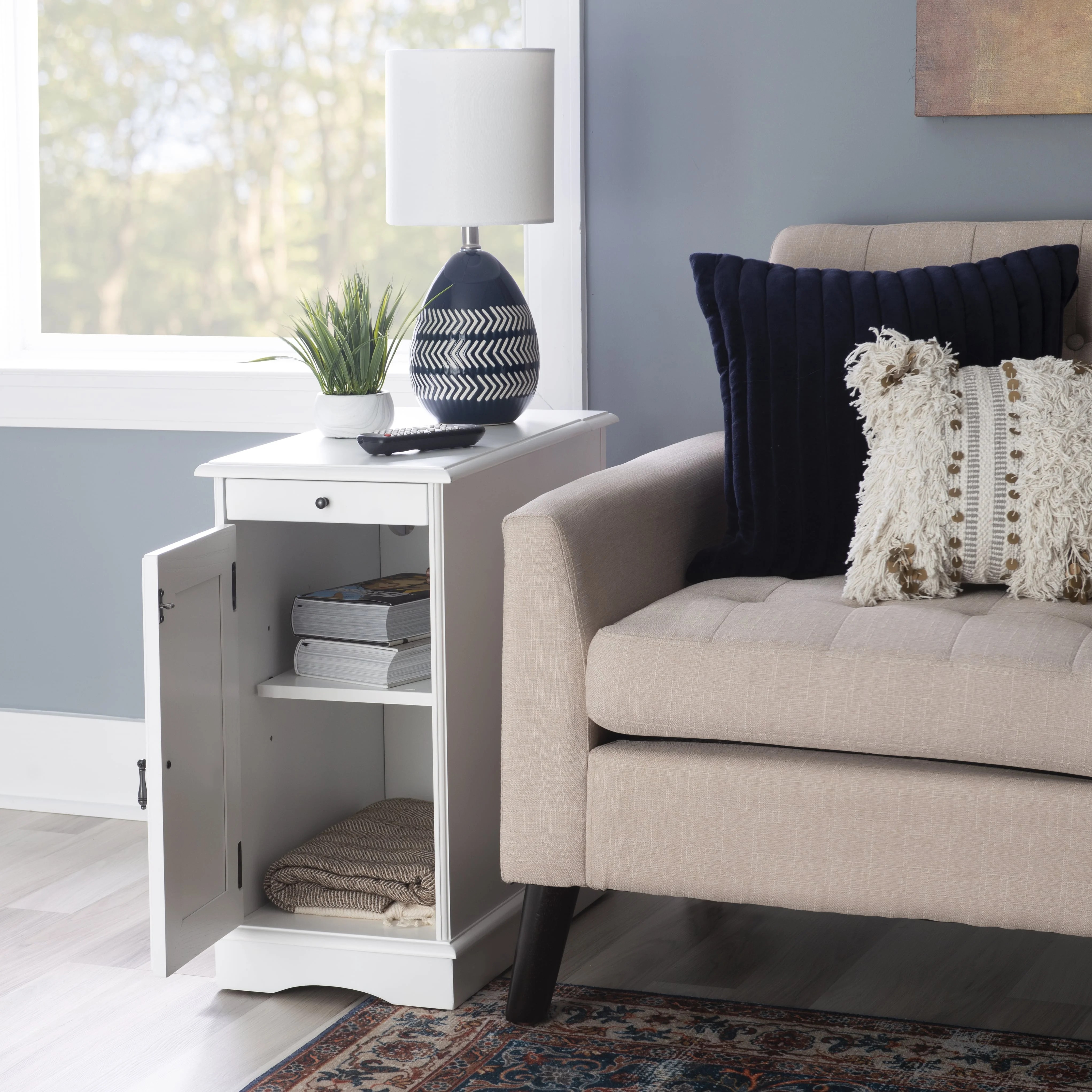 Linon Bartow Wood Multi Function Storage Accent Table Charging Station in White