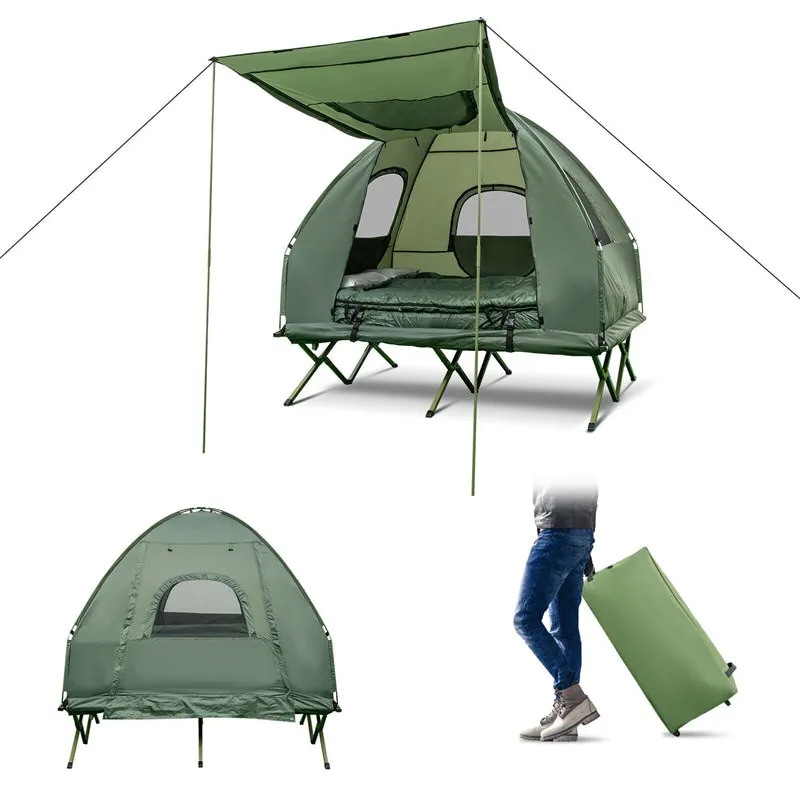 2025 5-in-1 Tent Cot 2-Person Portable Outdoor Camping Tent Combo with Air Mattress Sleeping Bag & Sunshade