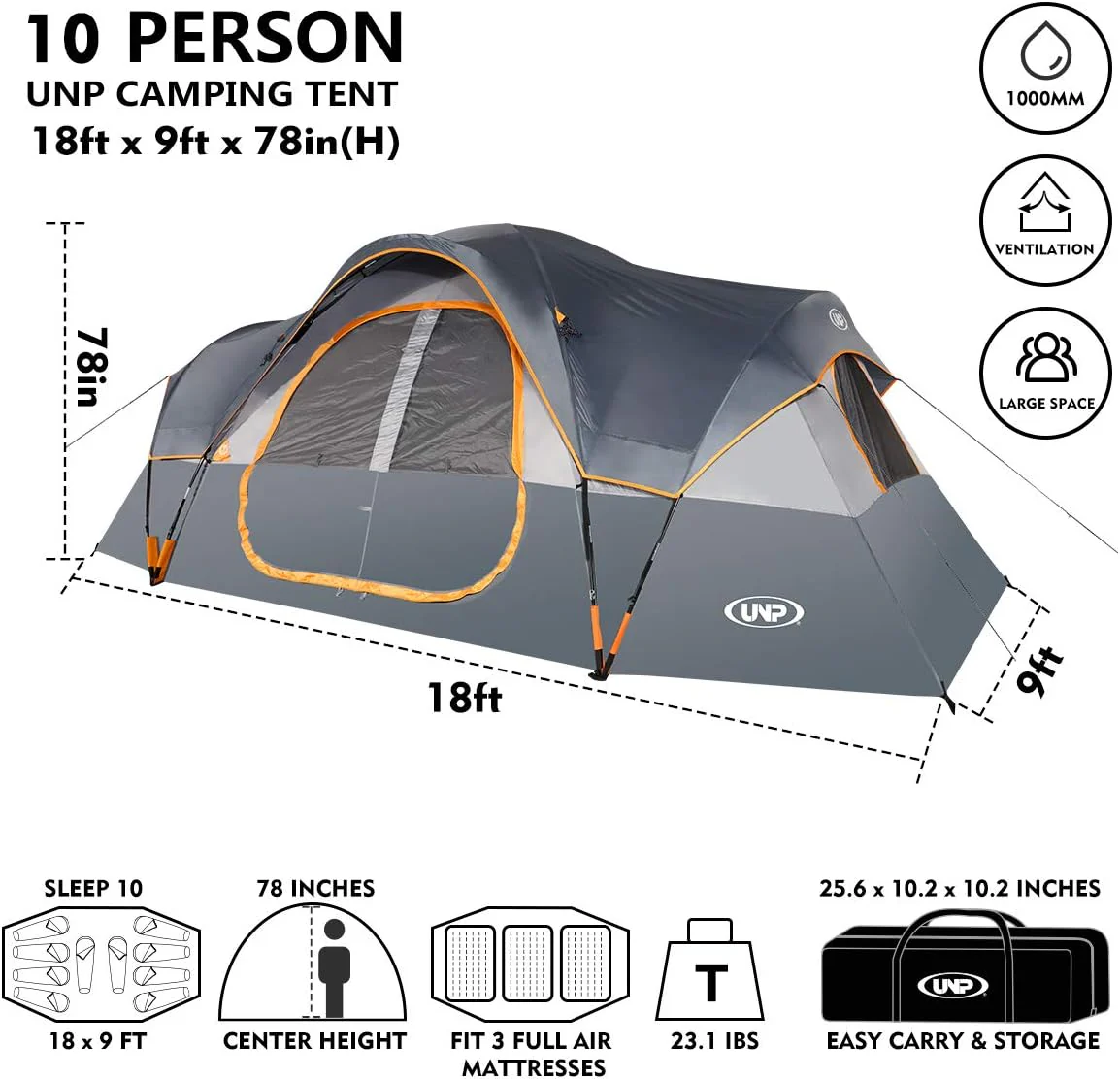 Camping Tent 10-Person-Family Tents, Parties, Music Festival Tent, Big, Easy Up, 5 Large Mesh Windows, Double Layer, 2 Room, Waterproof, Weather Resistant, 18ft x 9ft x78in