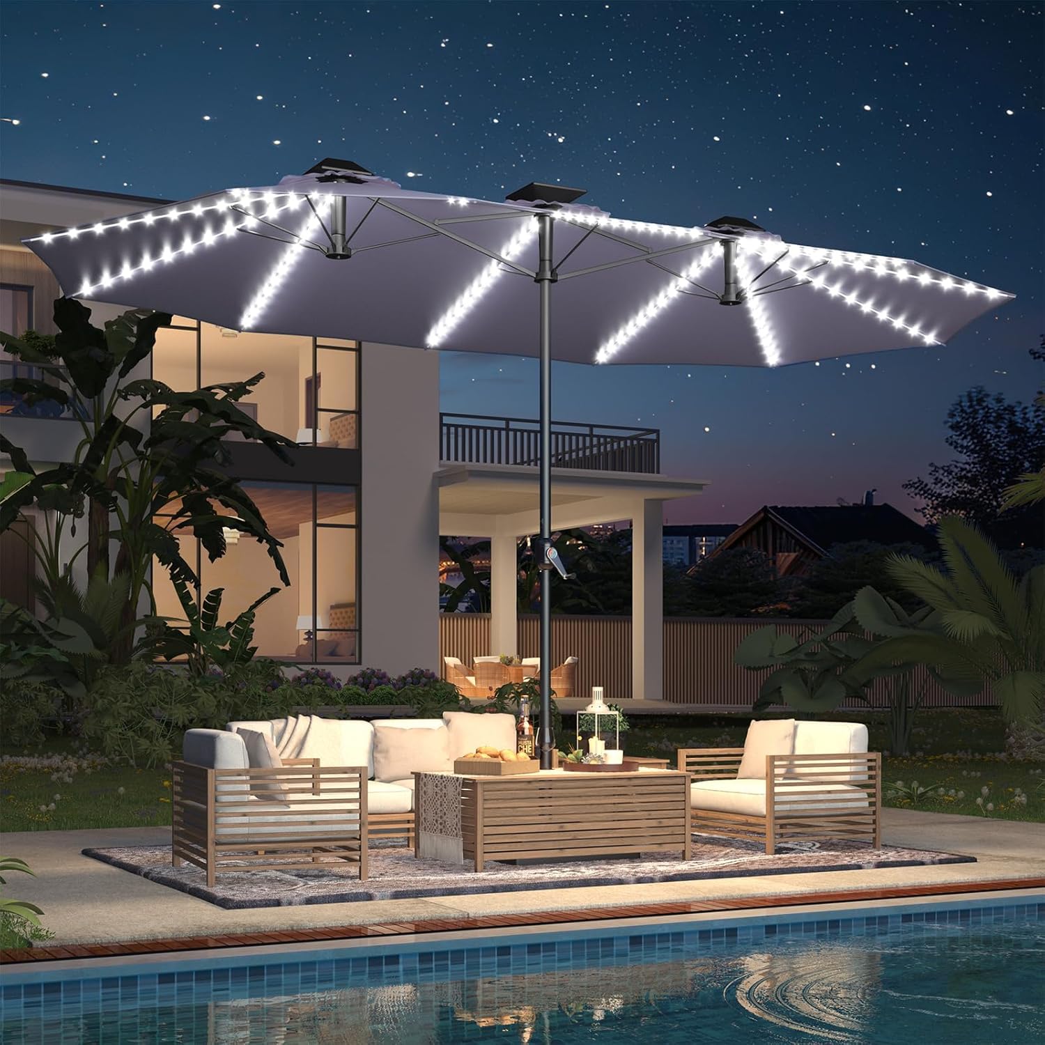 15ft Patio Umbrella with Solar Lights, Large Double Umbrella Outdoor, Rectangle 180''x106'' Umbrellas with 156 PCS LED Lights and Crank Handle for Backyard Deck Pool Shade in Black(1.9