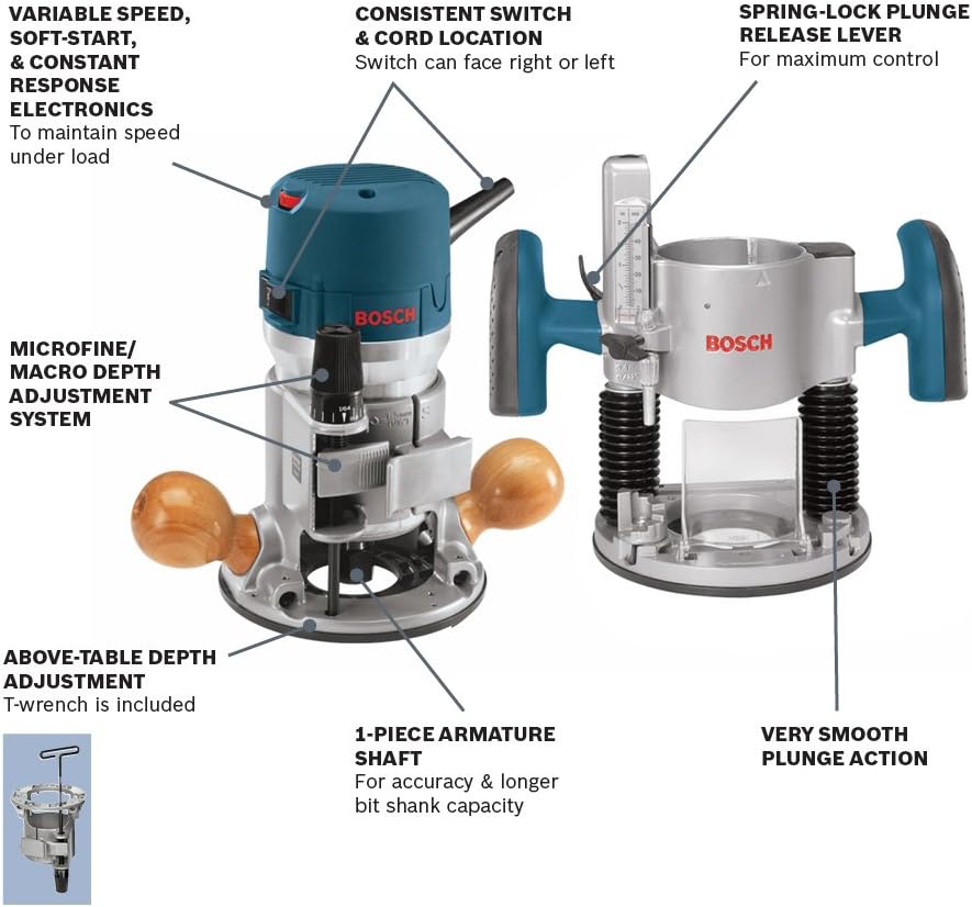 BOSCH 1617EVSPK Wood 12 Amp Router Tool Combo Kit – 2.25 Horsepower Plunge Router & Fixed Base with a Variable Speed