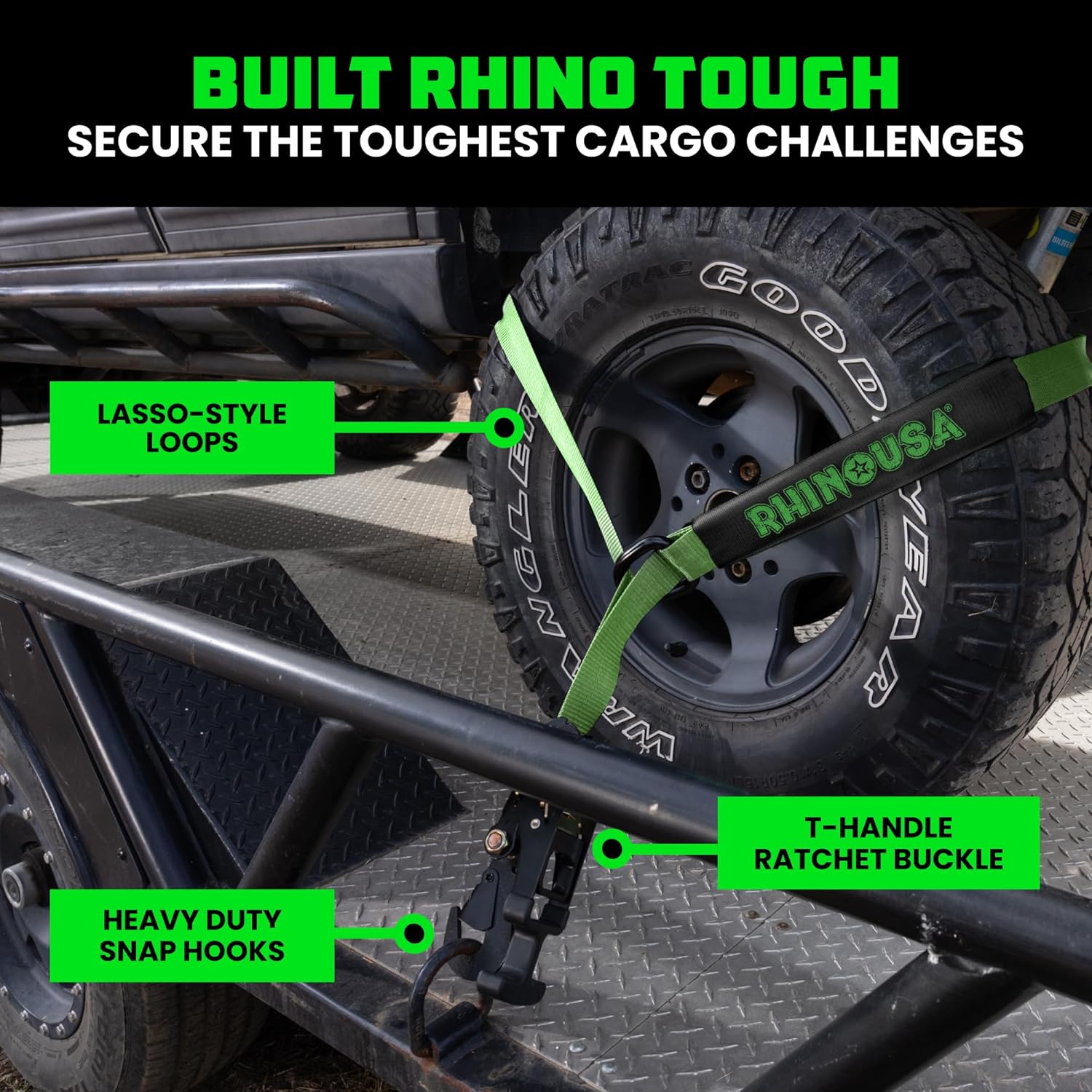 Car Tie Down Straps for Trailers with Flat Hooks (4-Pack) - 2 Inch x 8 Feet (10,000lb Break Strength) - Heavy Duty T-Handle Car Lasso Tire Straps for Trailer & UTV - Black