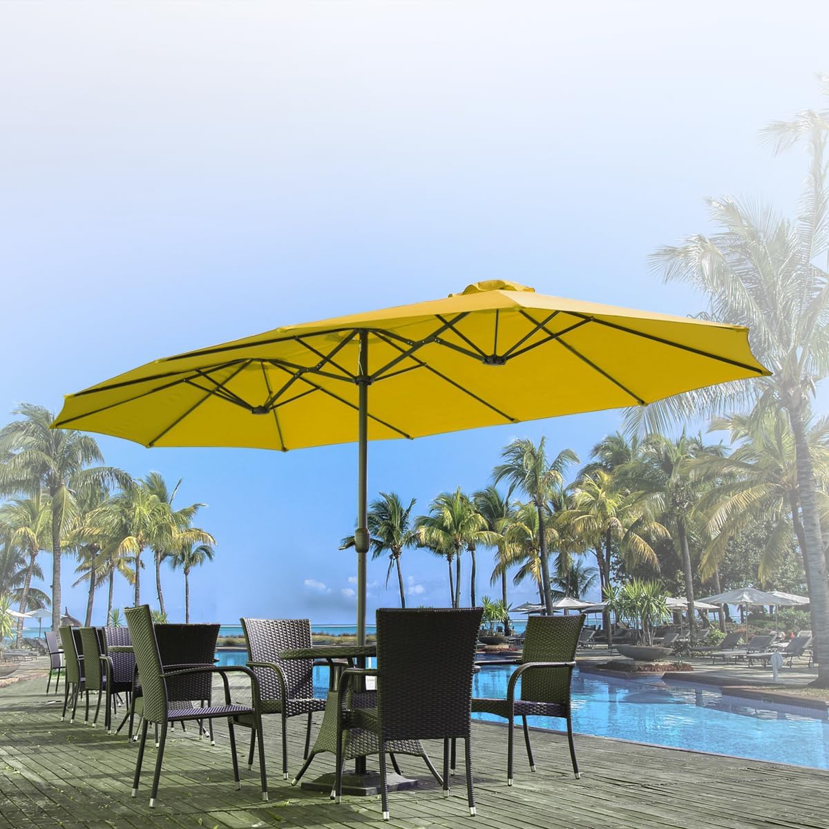 15ft Patio Umbrella with Solar Lights, Large Double Umbrella Outdoor, Rectangle 180''x106'' Umbrellas with 156 PCS LED Lights and Crank Handle for Backyard Deck Pool Shade in Black(1.9
