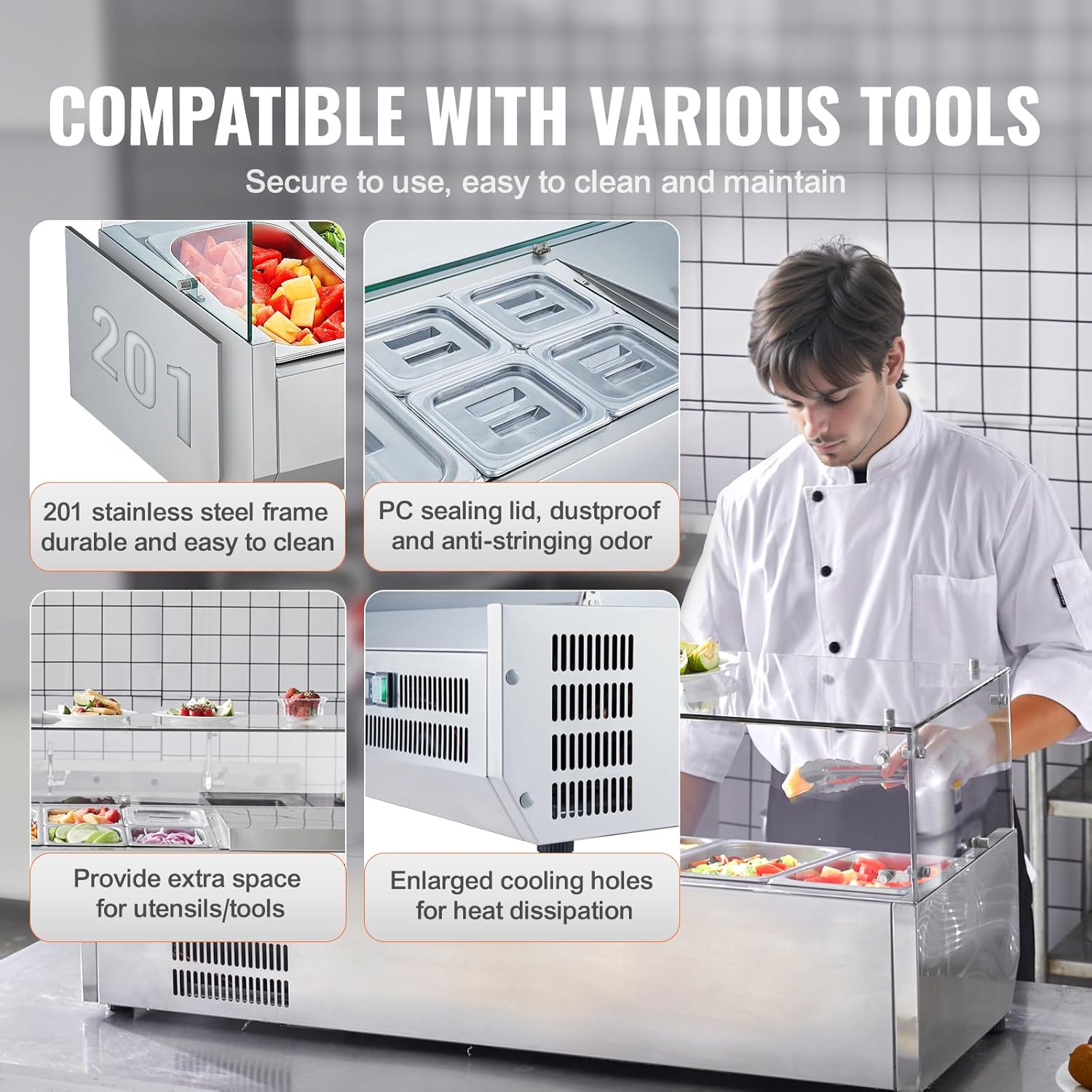 Refrigerated Condiment Prep Station, 135 W Countertop Refrigerated Condiment Station, with 2 1/3 Pans & 4 1/6 Pans, 304 Stainless Body and PC Lid, Sandwich Prep Table with Stainless Guard, ETL