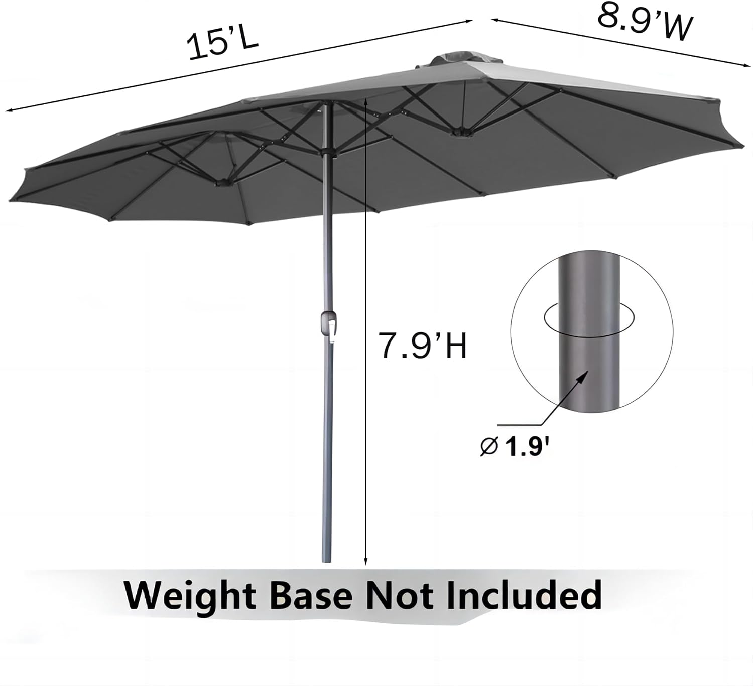 15ft Patio Umbrella with Solar Lights, Large Double Umbrella Outdoor, Rectangle 180''x106'' Umbrellas with 156 PCS LED Lights and Crank Handle for Backyard Deck Pool Shade in Black(1.9