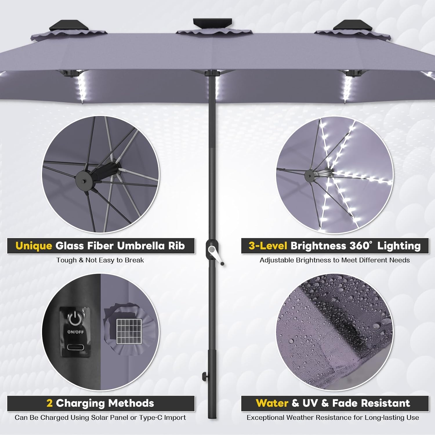 15ft Patio Umbrella with Solar Lights, Large Double Umbrella Outdoor, Rectangle 180''x106'' Umbrellas with 156 PCS LED Lights and Crank Handle for Backyard Deck Pool Shade in Black(1.9