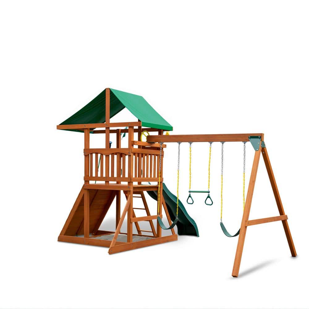 DIY Outing III Wooden Outdoor Playset with Tarp Roof, Rock Wall, Wave Slide, Swings, and Backyard Swing Set Accessories