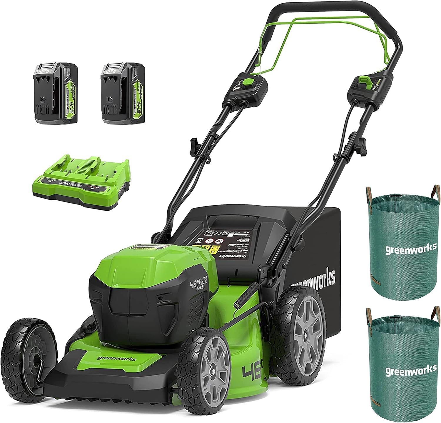 Greenworks 48V (2x24V) Selbstfahrender Akku Rasenmher für groe Flchen bis zu 480m, 46cm Schnittbreite, 55L Sack PLUS zwei 4Ah-Akkus und Doppelladegert GD24X2LM46SPK4X