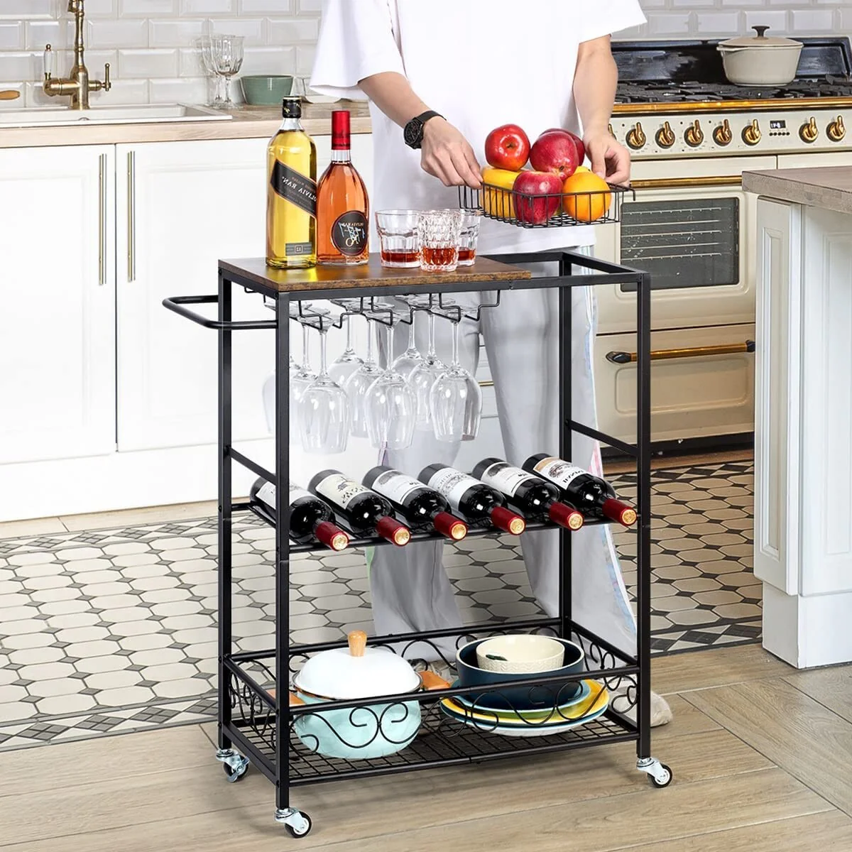 3 Tier Mobile Bar Serving Cart, Rolling Wine Cart with Glass Stemware Rack and Wine Bottle Holders