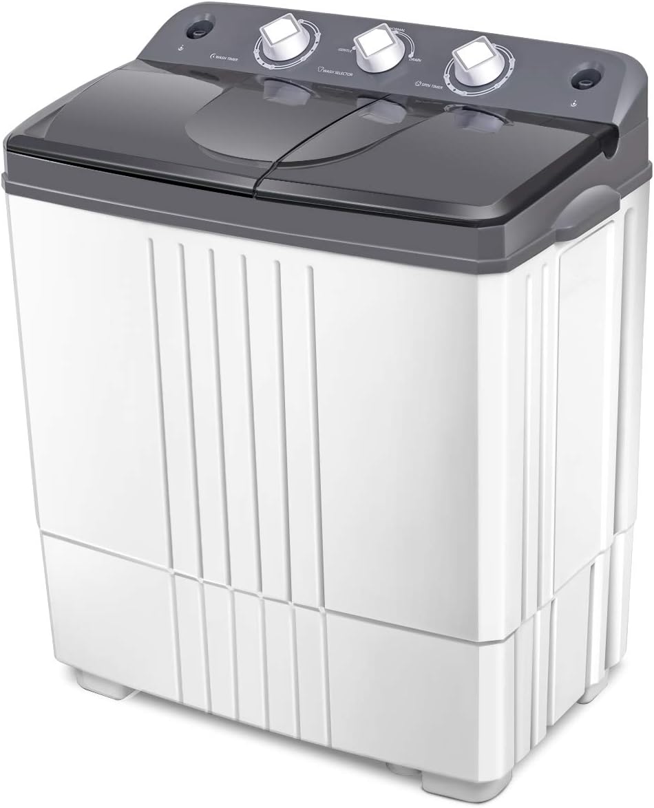 Portable washing machine, capacity 20 pounds, combined design, with the washing machine weighing 12 pounds and the spin dryer weighing 8 pounds. Suitable for use in apartments and campers. Available in gray and white styles.