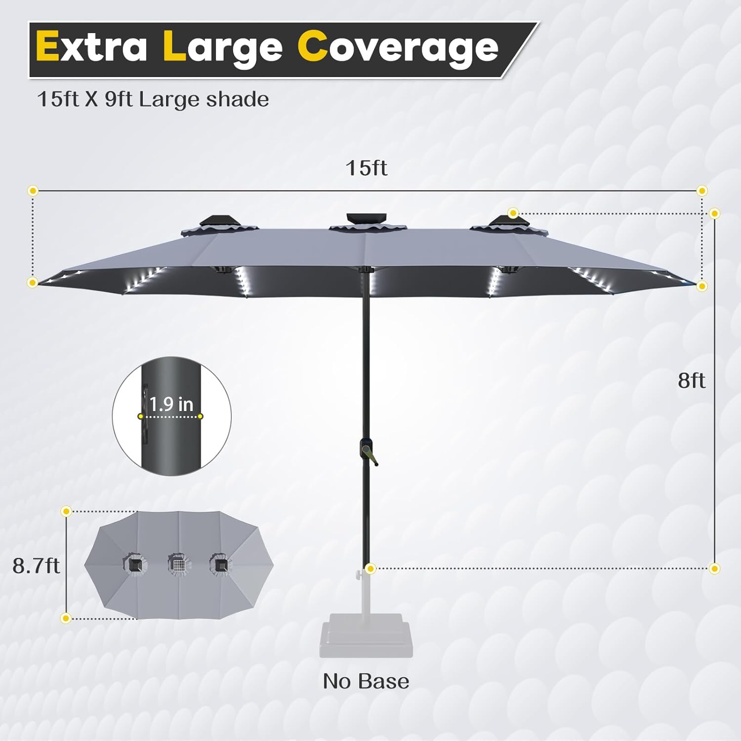 15ft Patio Umbrella with Solar Lights, Large Double Umbrella Outdoor, Rectangle 180''x106'' Umbrellas with 156 PCS LED Lights and Crank Handle for Backyard Deck Pool Shade in Black(1.9
