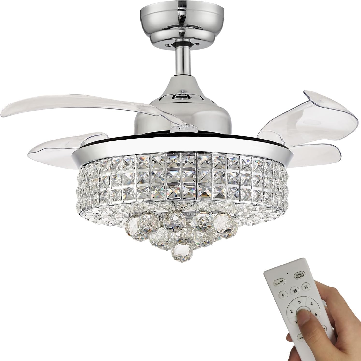 2025 Dimmable Black Fandelier Crystal LED Ceiling Fans with Lights and Remote Modern Retractable Blade Ceiling Lighting Fan Kit for Bedroom Dinning Room Living Room